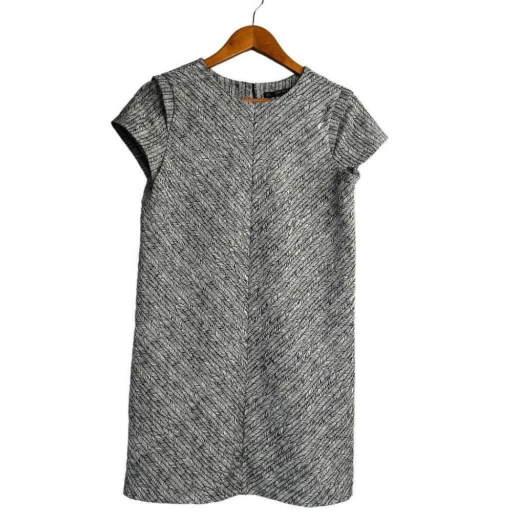 Zara Black Gray Mini Shift Dress w/ Cap Sleeve Feather Design